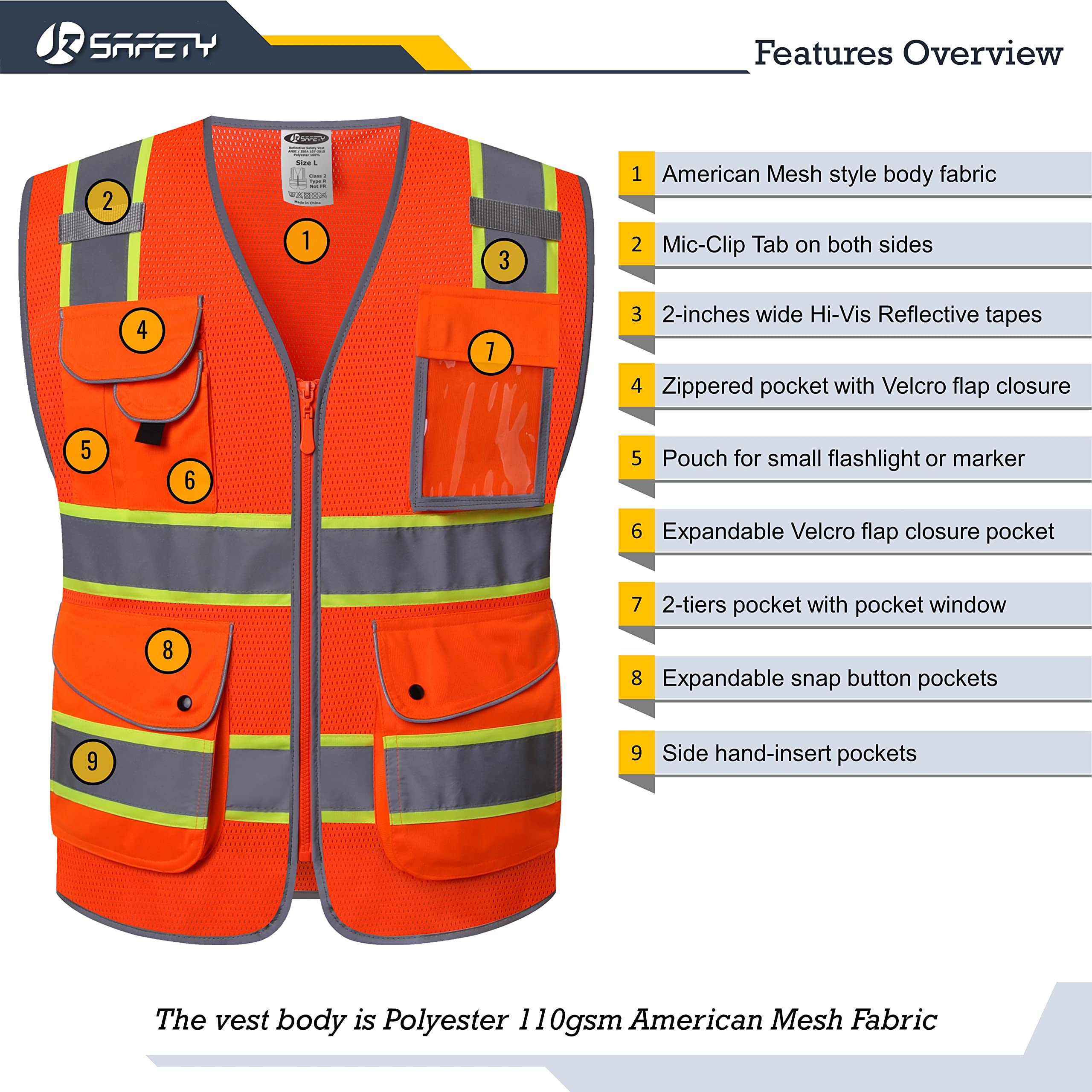 JKSafety 9 Pockets Hi-Vis Reflective Safety Vest | Mesh